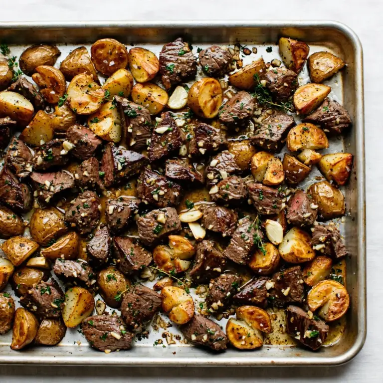 Knusprige Garlic Butter Steak Bites mit Ofenkartoffeln vom Blech