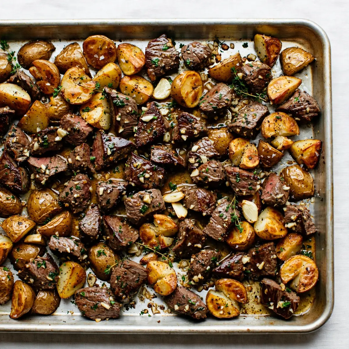 Knusprige Garlic Butter Steak Bites mit Ofenkartoffeln vom Blech