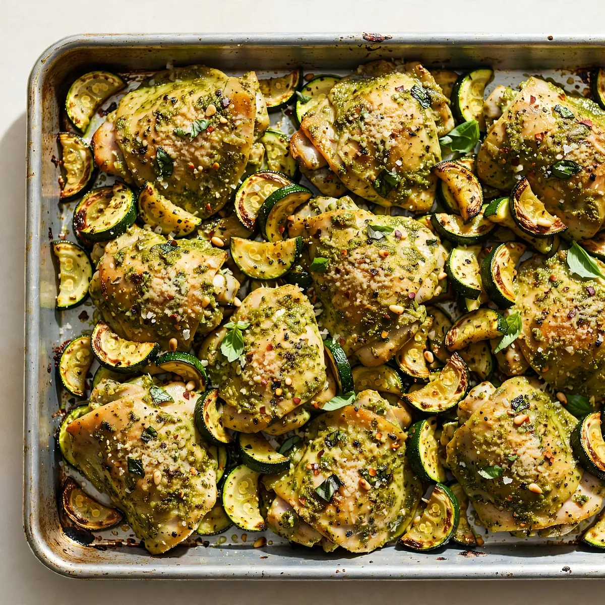 Restaurant-Qualität Pesto-Hähnchen mit Zucchini vom Blech