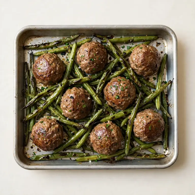 Restauranttaugliche Blech-Meatballs mit gerösteten grünen Bohnen