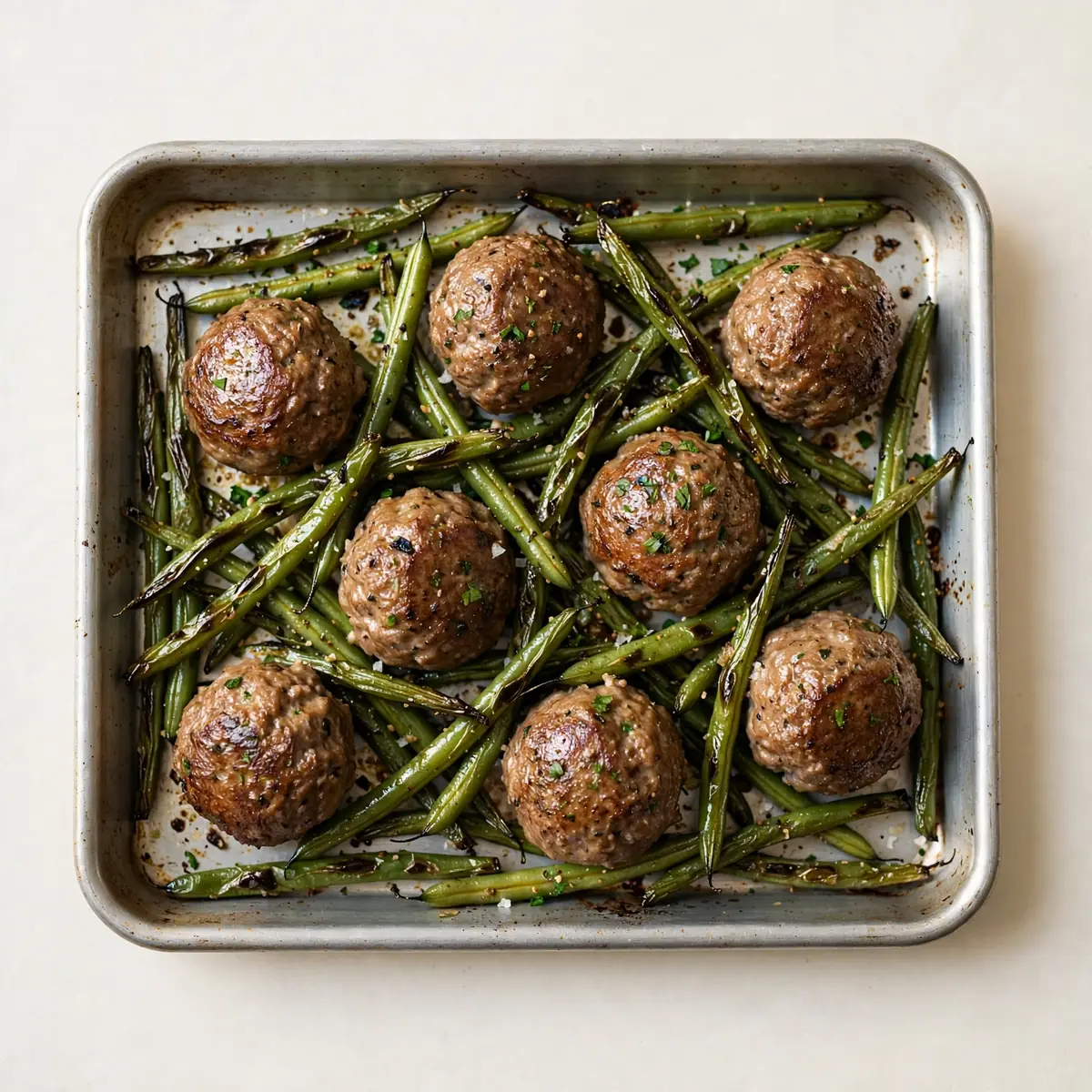 Restauranttaugliche Blech-Meatballs mit gerösteten grünen Bohnen