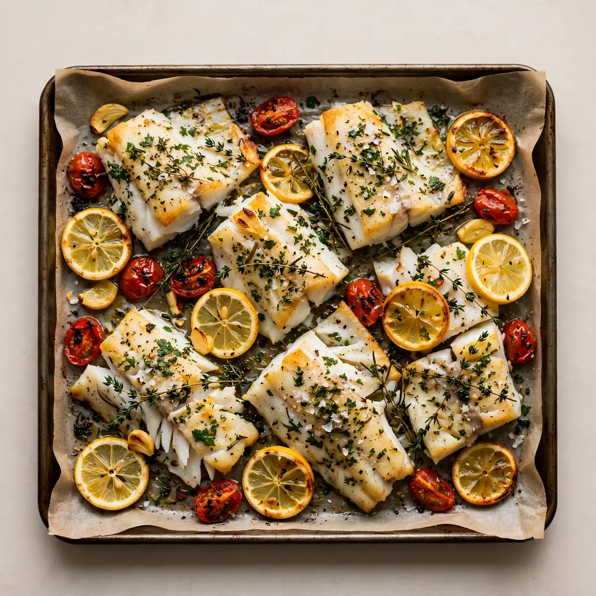 Gemütlicher Sheet-Pan Zitronen-Kräuter-Kabeljau
