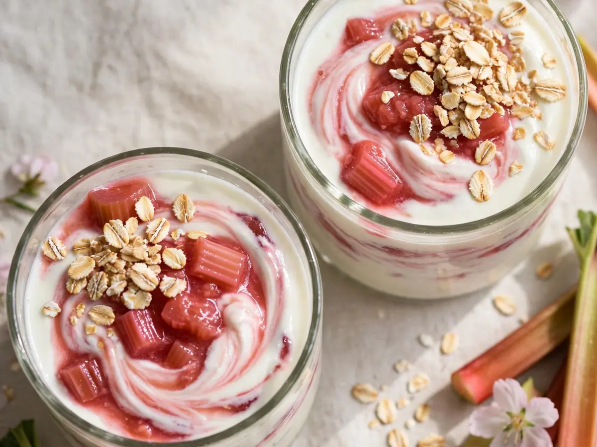 Frühlingshafter Rhabarber-Joghurt mit Haferflocken