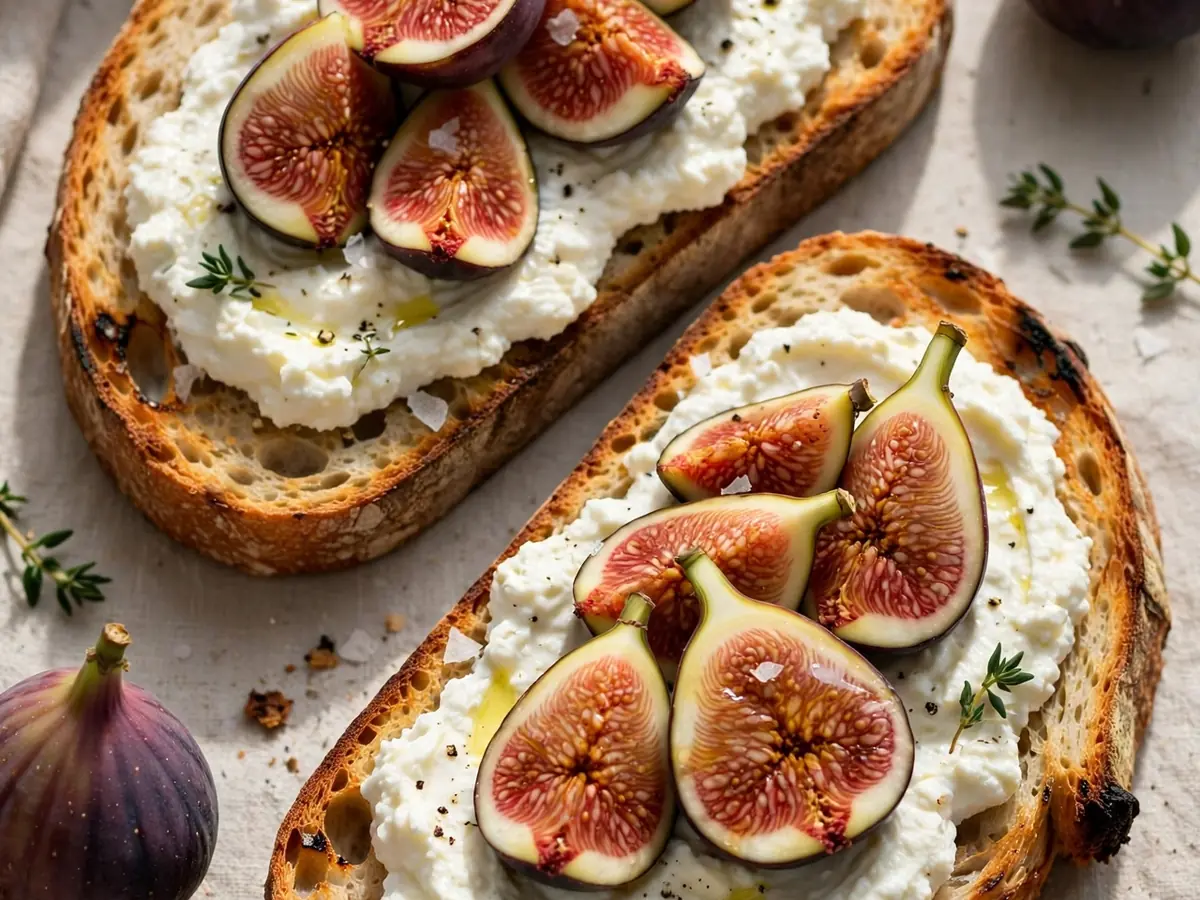 Frische Feigen auf geröstetem Brot mit Ricotta