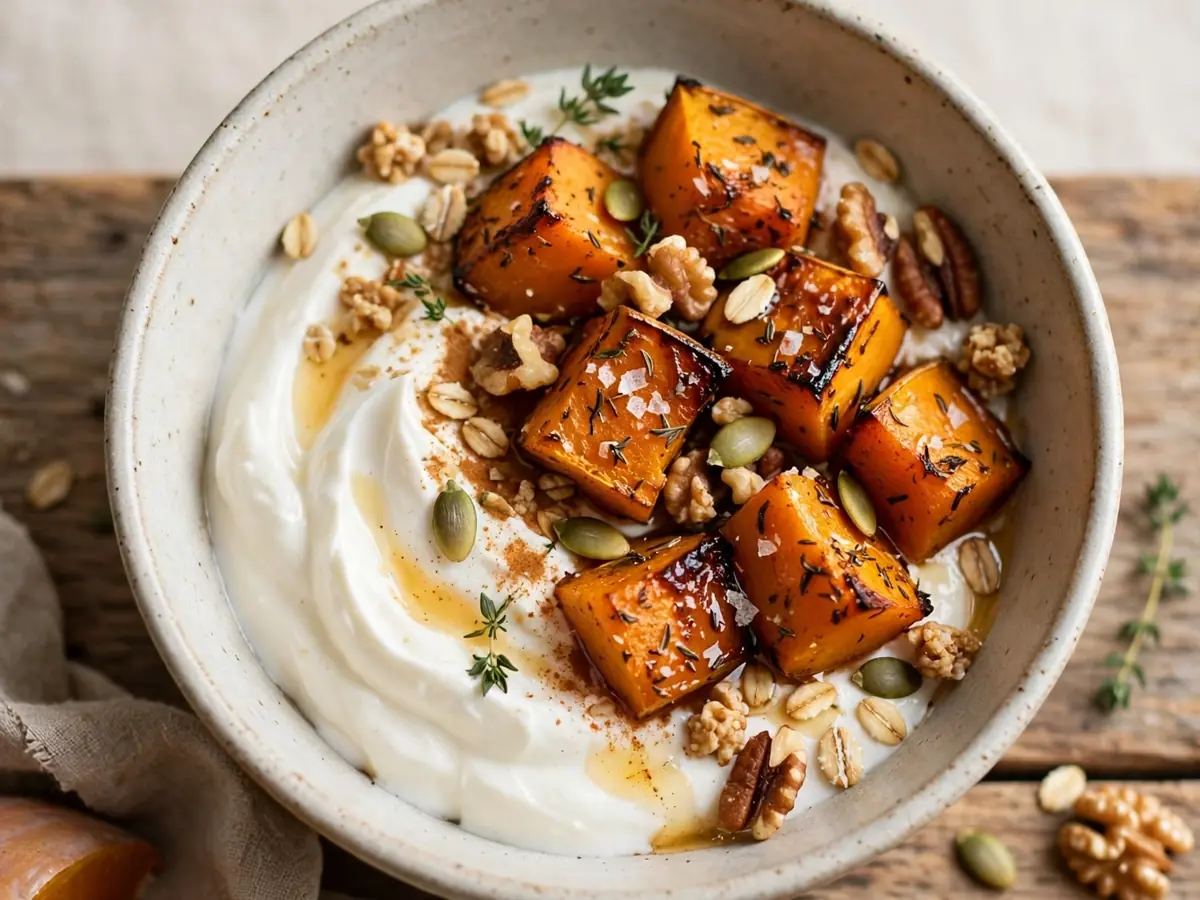 Saisonale Frühstücksbowl mit geröstetem Kürbis und Joghurt