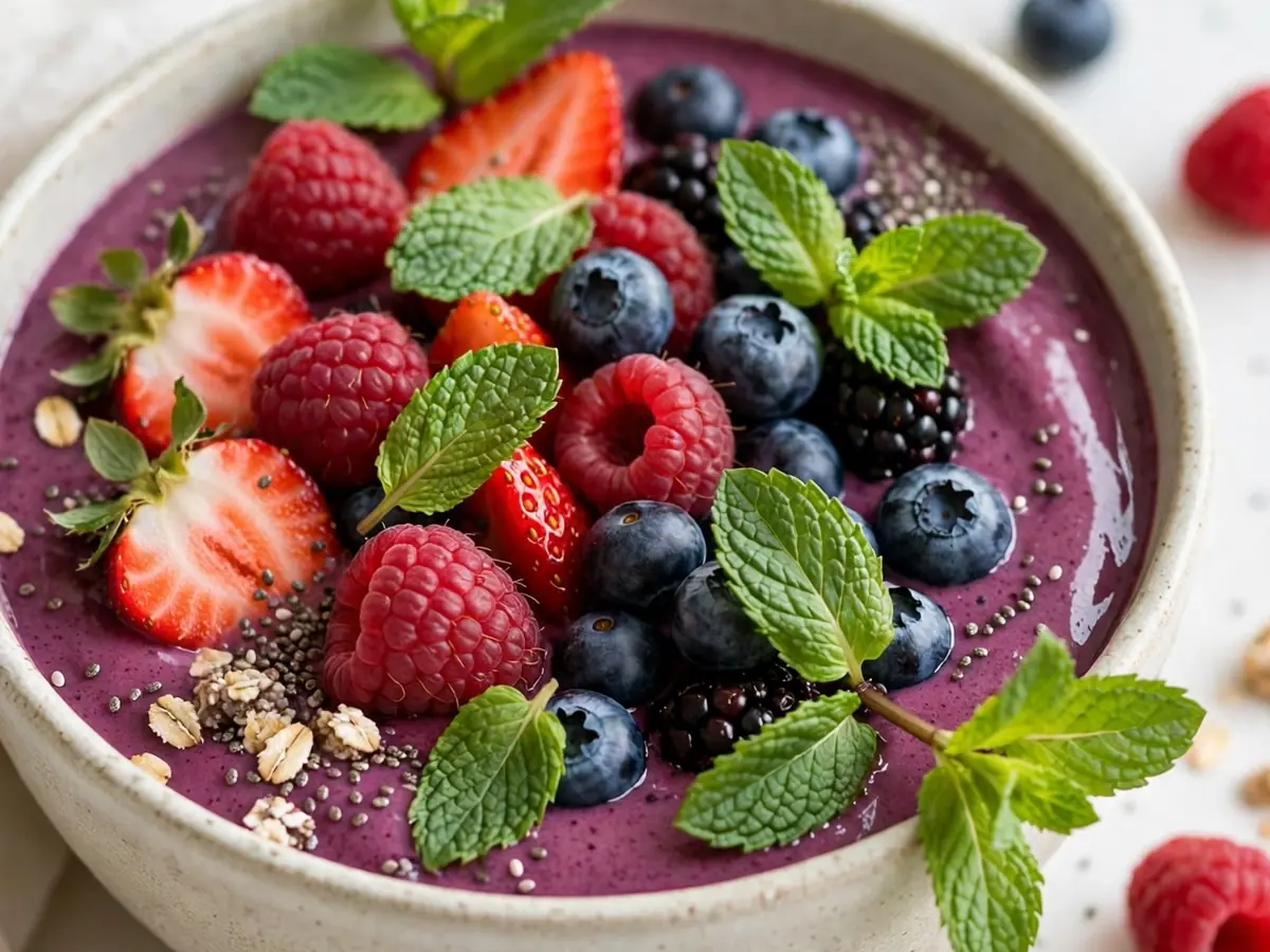 Sommerlicher Beeren-Smoothie-Bowl mit frischer Minze
